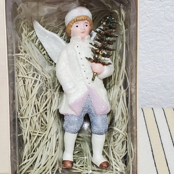 Victorian Glitter Winter Angels Porcelain Ornament Christmas decor boy 5.5" - Picture 3 of 12